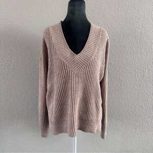 John + Jenn Chunky Ribbed V-Neck Knit Sweater Neutral Taupe S/P